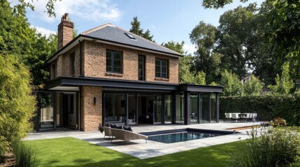 Modern Brick House with Swimming Pool and Backyard