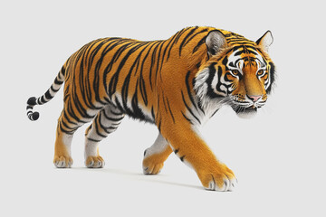 Fototapeta premium Realistic of a Majestic Tiger in Motion, Isolated on a White Background Ideal for Wildlife and Animal Themed Projects