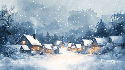 Zimowy wiejski krajobraz, małe domki w śniegu tapeta generative ai  © Elżbieta Kaps