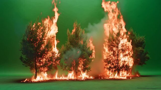 Burning trees with intense flames, wildfire scene, green screen background, environmental disaster, fire hazard.