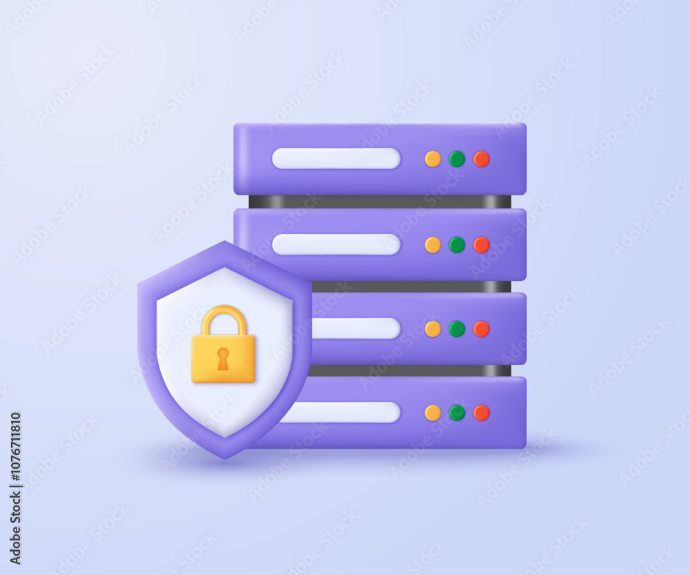 Aufkleber 3D secure server icon. Server with lock on the shield. Minimalist 3D design of Data Center and data protection. 3D concept of Cybersecurity technology, vector illustration.