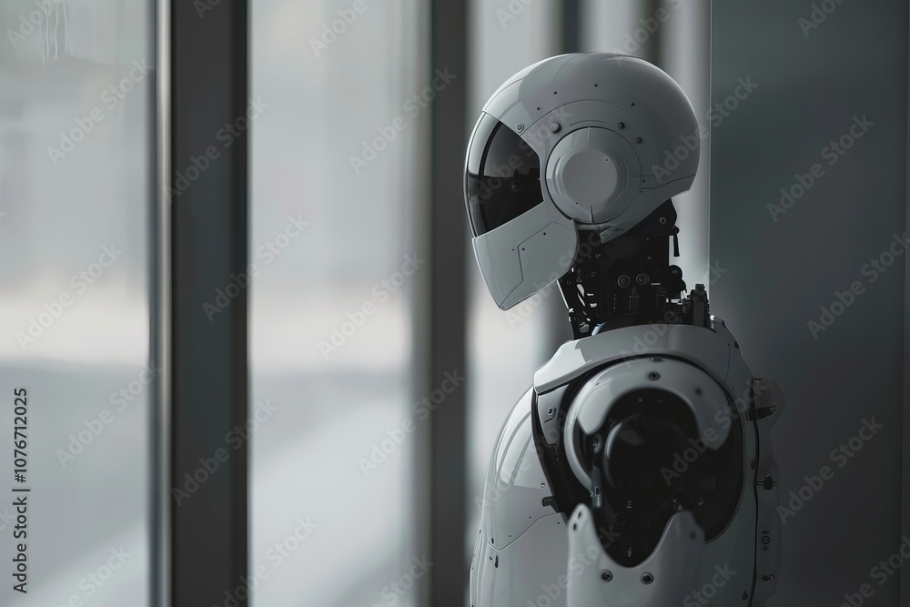 Poster a robot is standing in front of a window