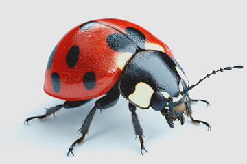 Fototapeta premium Detailed Macro of a Vibrant Red Ladybug with Distinct Black Spots on a Clean White Background Perfect for Insect-Themed Projects and Designs