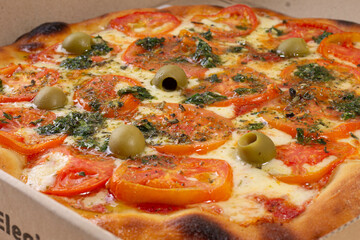 Comida de pizzería y roticería deliciosa y colorida: pizzas, empanadas, pollo al spiedo, canastitas, milanesa, tartas, papas fritas, carne, queso, lechuga, tomate, cebolla, verdeo, aceituna, huevo
