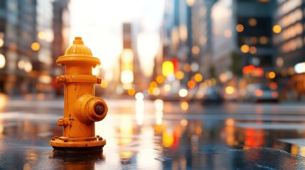 A yellow fire hydrant reflects city lights, standing in the middle of a bustling street, conveying...