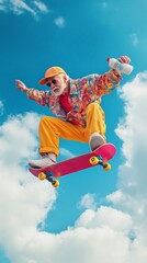 A fashionable Chinese old man skateboarding in the sky, wearing a peaked cap