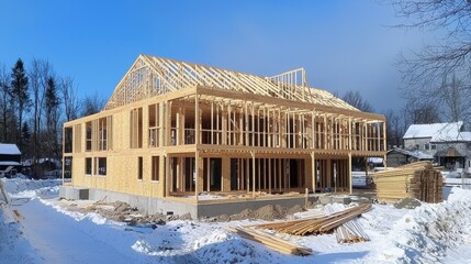 Modern House Under Construction in Winter Landscape