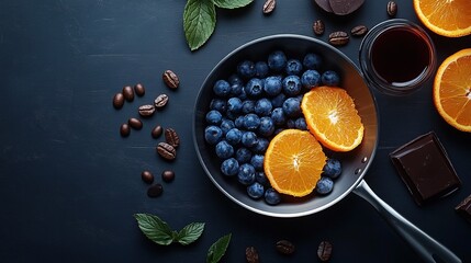 A vibrant arrangement of fruits, coffee, and chocolate on a table.