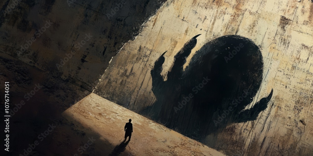 Poster mysterious shadowy figure with claw-like hand looming over a lone person in a vast concrete space..