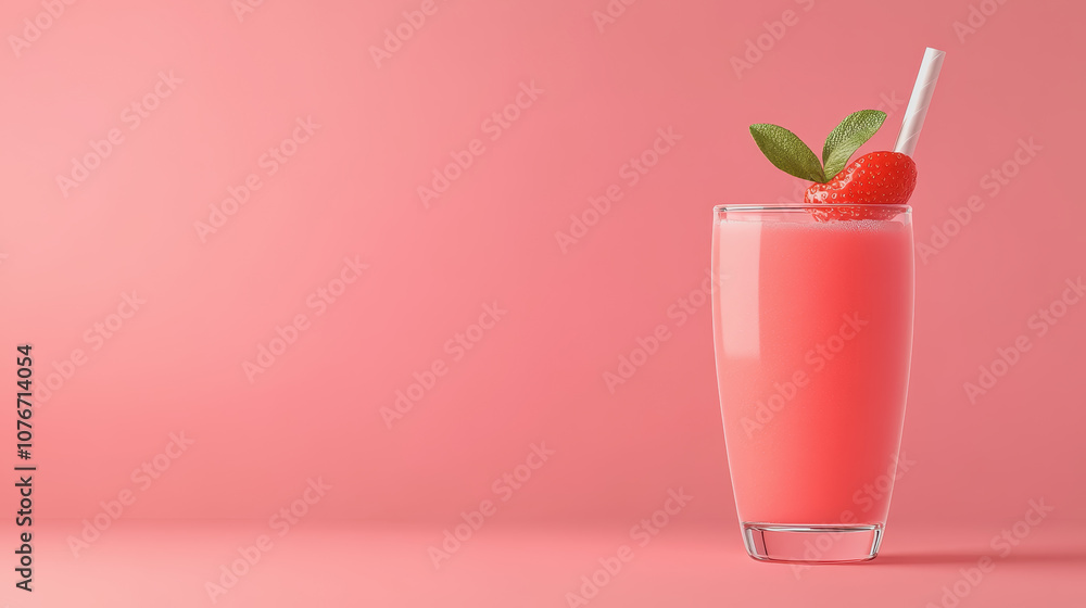 Poster refreshing mocktail in a glass with straw and strawberry on a soft pink gradient background perfect 