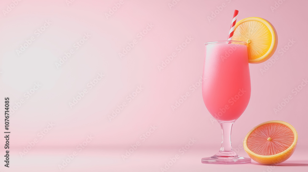 Poster refreshing pink mocktail in a tall glass with straw and fresh lemon slices on a soft smooth gradient