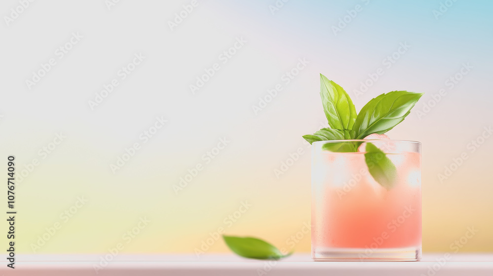 Poster refreshing mocktail with fresh basil leaves on a smooth gradient background highlighting a vibrant b