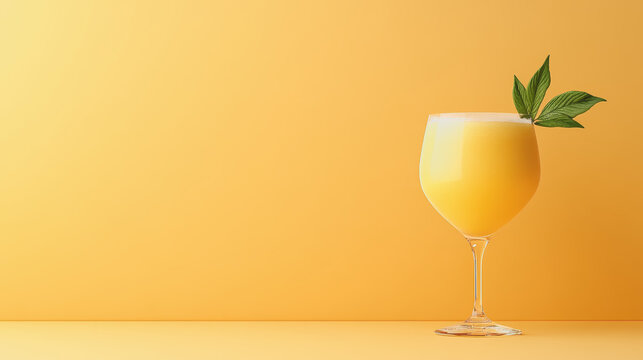 Refreshing Mocktail in Elegant Glass on Soft Yellow Background with Smooth Gradient Design, Perfect for Summer Vibes and Tropical Themes