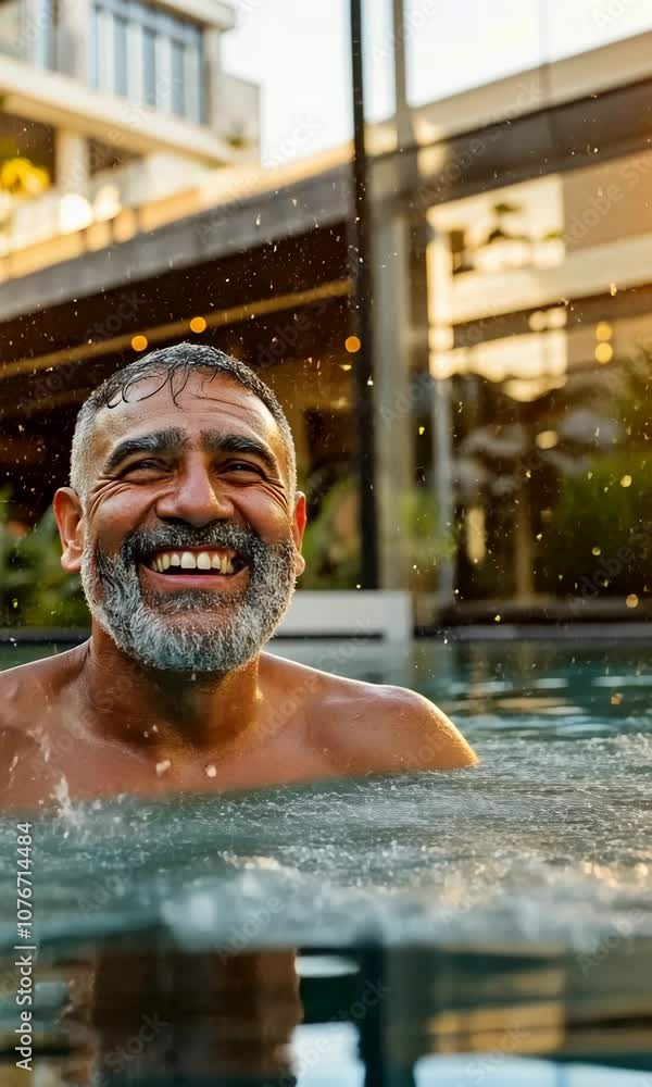 Poster a man is smiling and splashing water in a pool. scene is lighthearted and fun