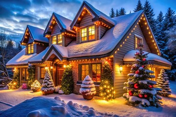 Fototapeta premium Deck your home with twinkling Christmas lights this holiday season. Embrace a cozy winter wonderland filled with vibrant colors for festive family gatherings and joyful celebrations.