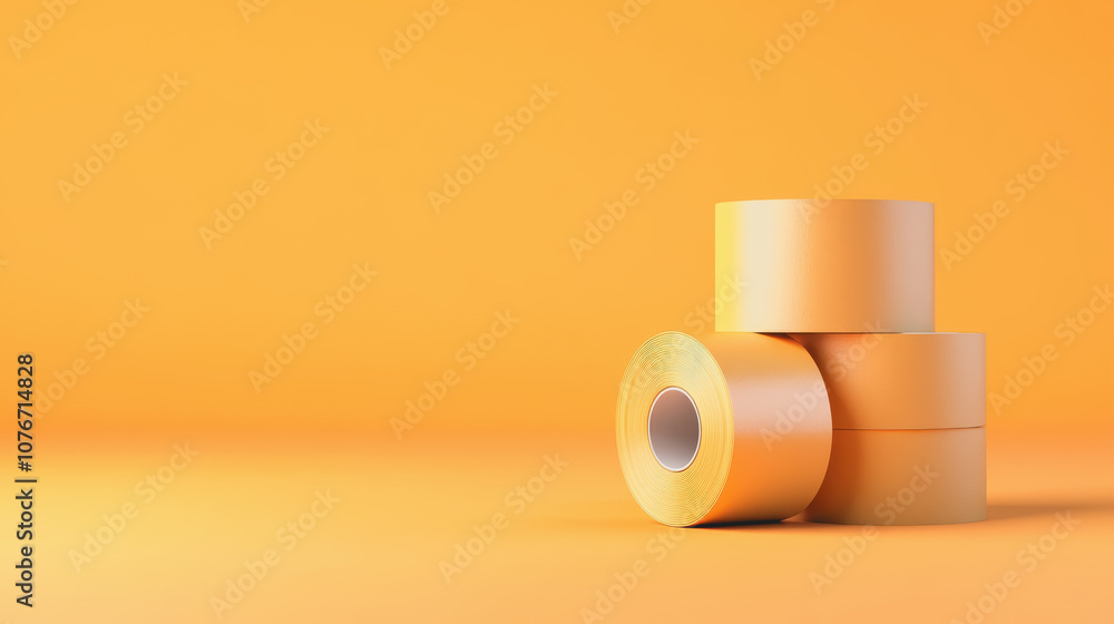 Poster high-quality packaging tape stacked neatly on smooth orange gradient background – ideal for creative