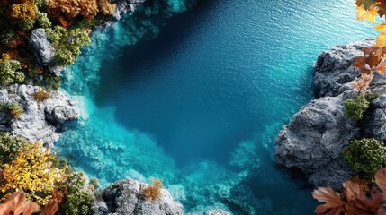 Obraz premium A mesmerizing top view image capturing crystal clear blue waters in a secluded cove surrounded by jagged rocks, reflecting isolation and natural beauty.