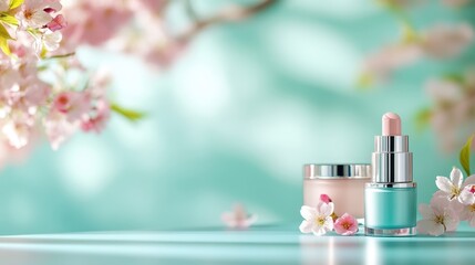 A lipstick stands beside a creamy skincare jar on a turquoise table, decorated with delicate pink cherry blossoms, evoking a sense of springtime beauty and renewal.