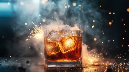 product photography of an ice tea, block of ice, in lava, steam coming off
