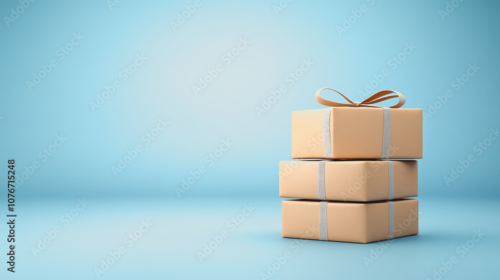 Aufkleber three neatly stacked delivery parcels with a ribbon on a smooth gradient background, ideal for conve