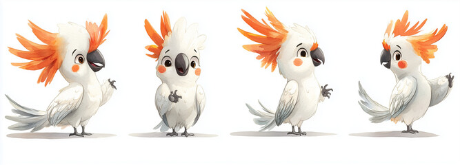 A group of playful cartoon cockatoos with bright orange and yellow crest feathers showcases different poses and expressions on a plain white background, conveying a sense of personality and charm.