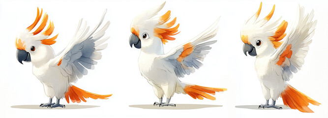 A group of playful cartoon cockatoos with bright orange and yellow crest feathers showcases different poses and expressions on a plain white background, conveying a sense of personality and charm.