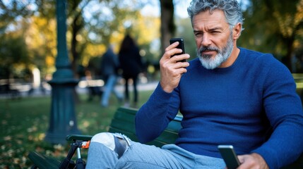 Fototapeta premium A bearded man in a navy sweater intently looking at a smartphone while sitting on a bench in a park during autumn, embodying focus and concentration outdoors.