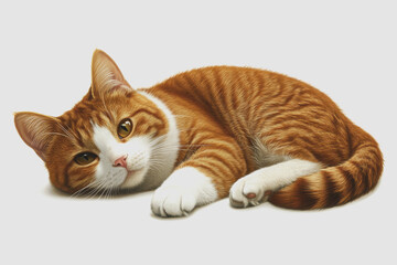 Realistic of a Relaxed Ginger Cat Isolated on White Background, Capturing the Playful Nature and Detail of a Domestic Pet