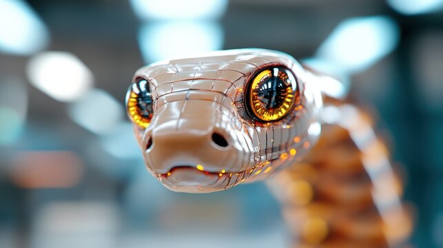 The mesmerizing head-on perspective of a robotic snake showcases its bright, glowing eyes, vibrant scales, and a sleek, technologically advanced appearance.