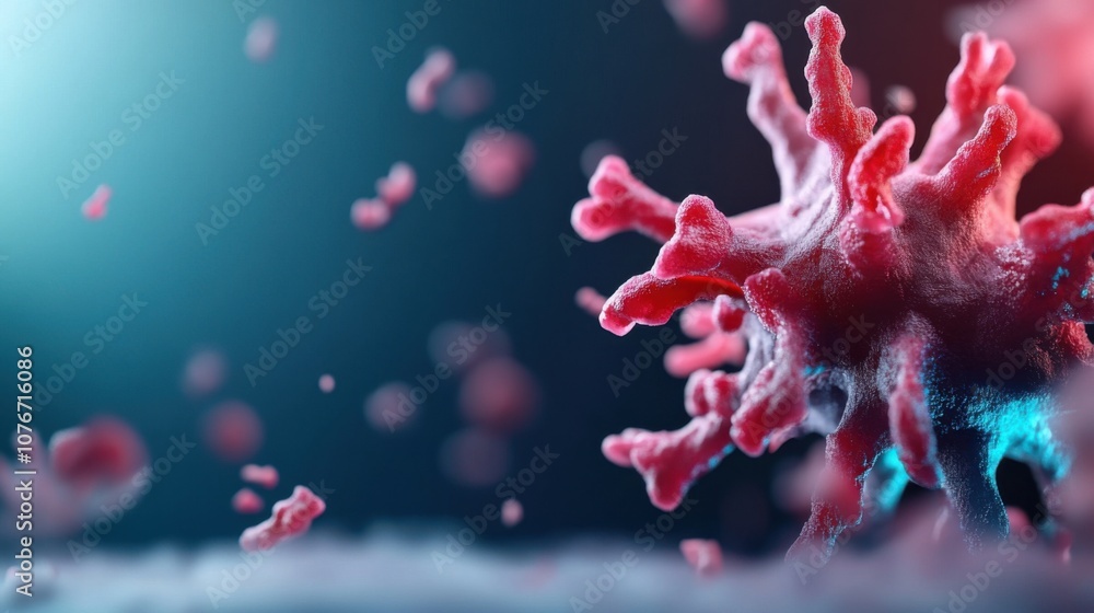 Poster stunning close-up of a virus particle in exaggerated detail, highlighting its unique structure and i