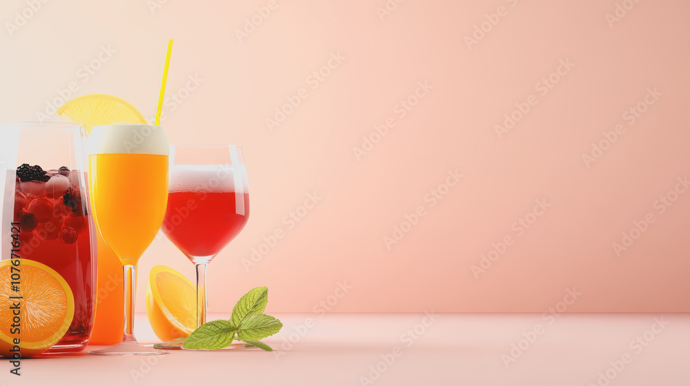 Poster refreshing array of colorful beverages with citrus and berries on a smooth gradient background for s