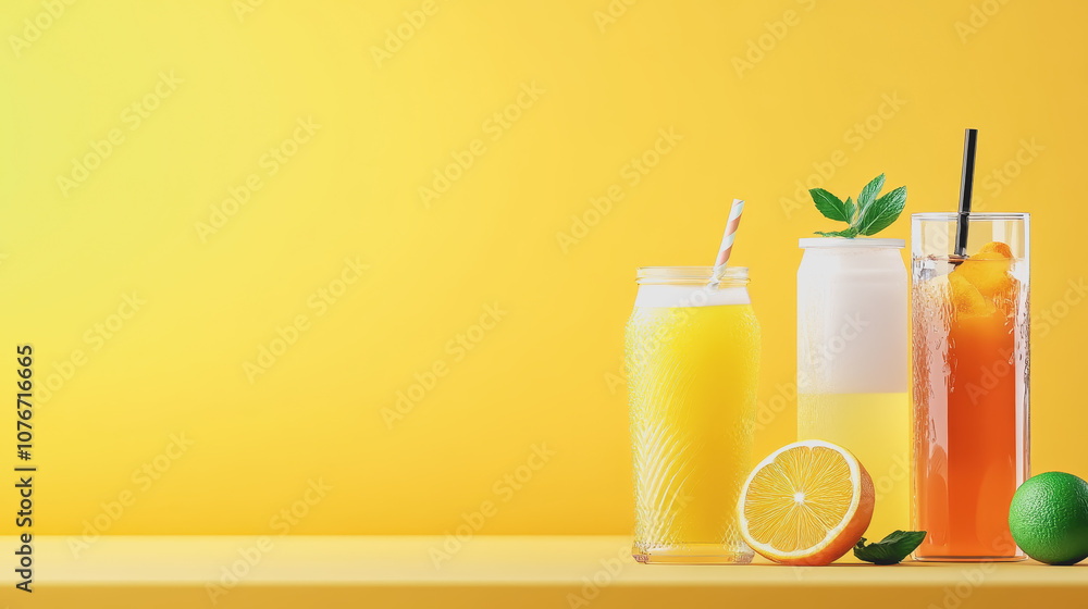 Poster refreshing beverages displayed on a smooth yellow gradient background for vibrant and inviting comme