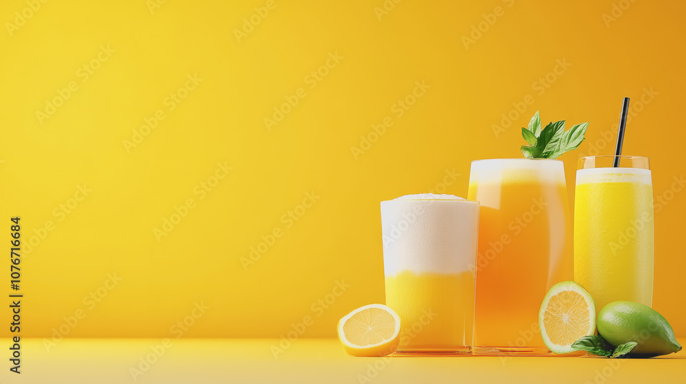 Poster refreshing beverage display on a smooth gradient background featuring colorful drinks and citrus fru
