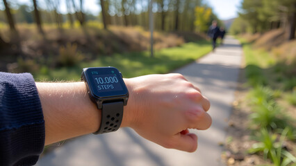 Fitness tracker displaying 10,000 steps with a person walking on a scenic park path