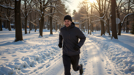 Man jogging on a snowy path during sunrise in a winter park captures the peaceful energy of the morning, blending the brisk jog with the serene, snow-covered beauty of the park at dawn