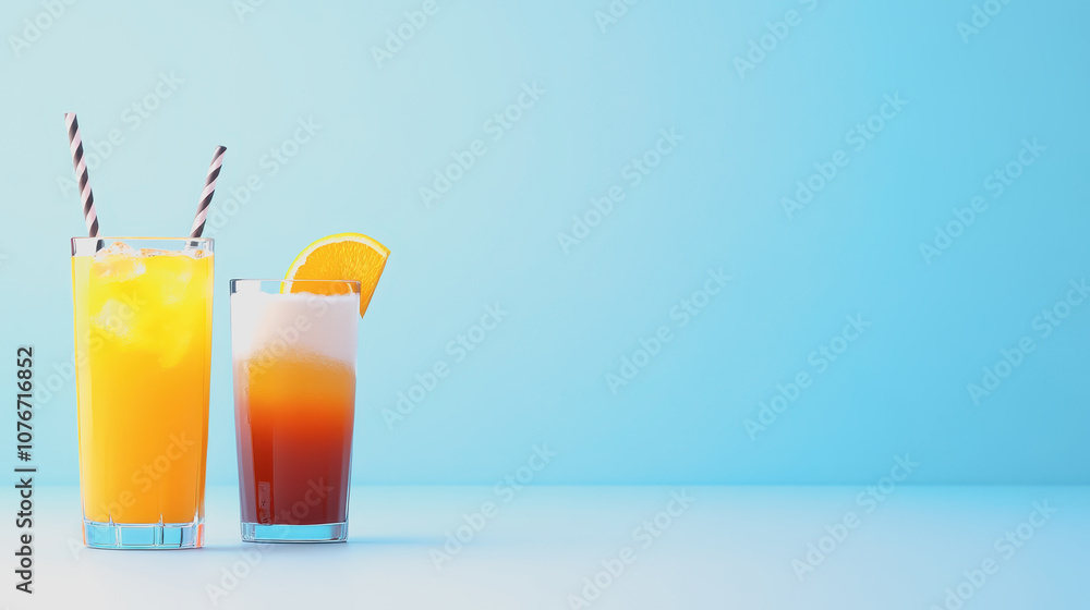 Poster refreshing beverages on a smooth gradient background featuring colorful drinks with straws and garni