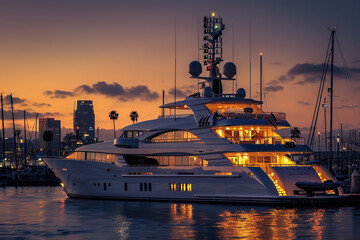 Fototapeta premium Luxury private motor yacht in tropical sea with soft blue wave on beautiful nature background