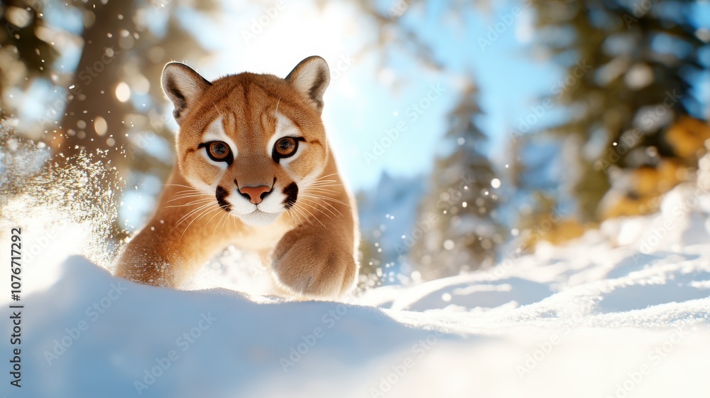 Aufkleber A striking image capturing a powerful cougar gracefully bounding through pristine snow with majestic trees blurred in the background under a bright sky.