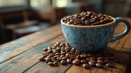 A white cup sits on a rustic wooden table, brimming with rich coffee beans. Soft sunlight filters through lush greenery, creating a warm and inviting atmosphere.