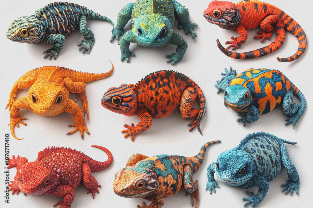 Poster detailed of various colorful reptiles isolated on white background featuring diverse patterns and te