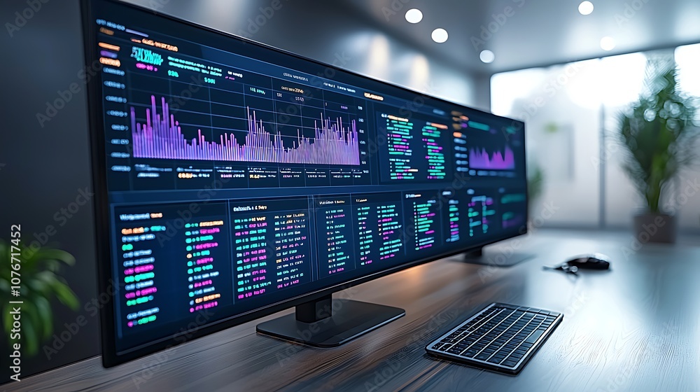 Poster a modern office desk with a large monitor displaying financial data and charts.