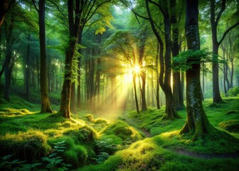 Obraz premium Serene Forest Landscape with Sunlight Filters for Relaxation and Rejuvenation