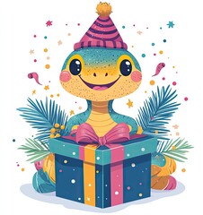 
Chinese New Year 2025 and Christmas cartoon illustration of a cheerful snake peeking out from a gift box. Delivery of gifts. Year of the Snake 2025 art, sticker, print, poster. Birthday fun print.