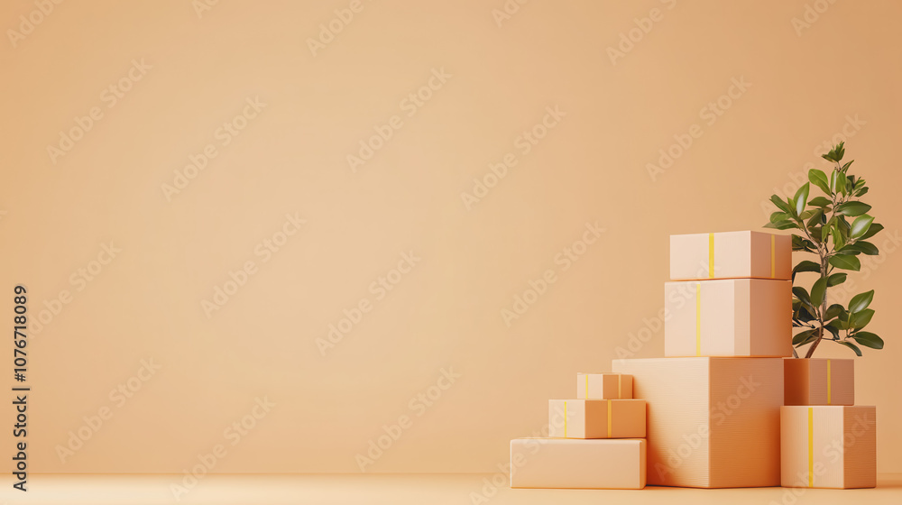 Aufkleber shipping boxes arranged on a smooth gradient background with greenery for a fresh and modern look, i