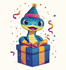
Chinese New Year 2025 and Christmas cartoon illustration of a cheerful snake peeking out from a gift box. Delivery of gifts. Year of the Snake 2025 art, sticker, print, poster. Birthday fun print.