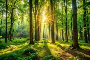 Fototapeta premium Serene Forest Scene with Sunlight Filtering Through Vibrant Green Foliage for Tranquil Atmosphere