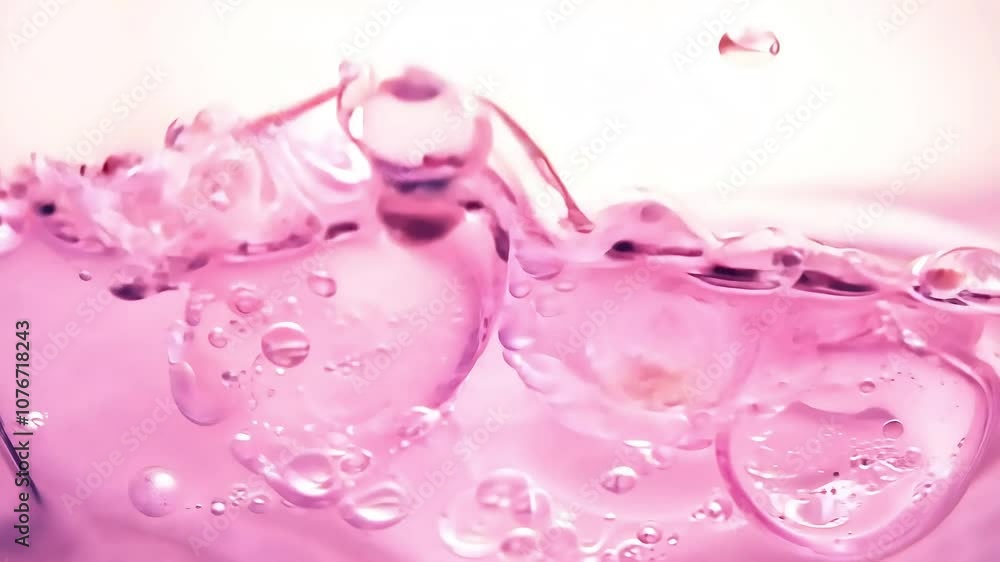 Poster pink bubbles floating, bouncing, and splashing on a liquid surface, set against a soft background, c