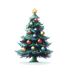 Obraz premium New Year and Christmas cartoon illustration of a stylized Christmas tree with toys. Sticker Christmas tree art print. Cartoon illustration of Christmas tree isolated on white background.