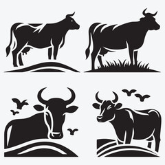 Fototapeta premium Cow Black Silhouette Bundle Clip Art Vector Illustration Isolated on White Background
