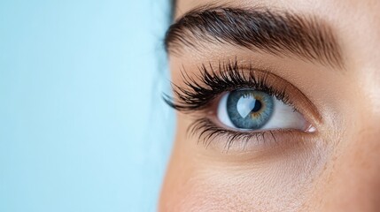 A striking close-up photograph of a blue eye with defined eyelashes and eyebrows, emphasizing attention to detail and the beauty of human expression.
